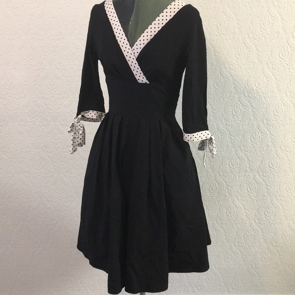 Unique Vintage Dresses & Skirts - 1950s style black swing dress w/ polka dot detail